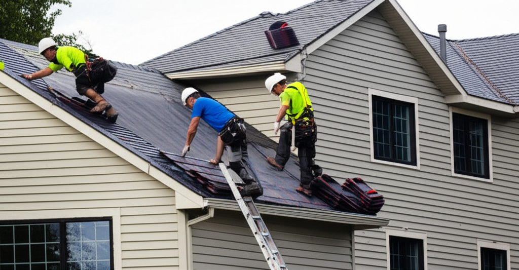Professional roofing crew installing new roof - experienced contractors at work
