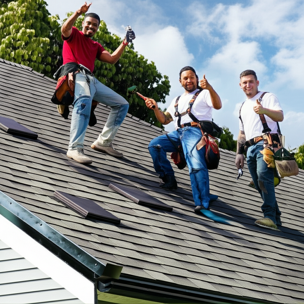 Successful roofing team celebrating completed project with satisfied homeowner